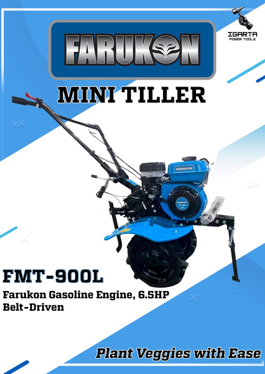 Farukon FMT-900L Mini Tiller — 6.5 HP Belt‑Driven Gasoline Engine