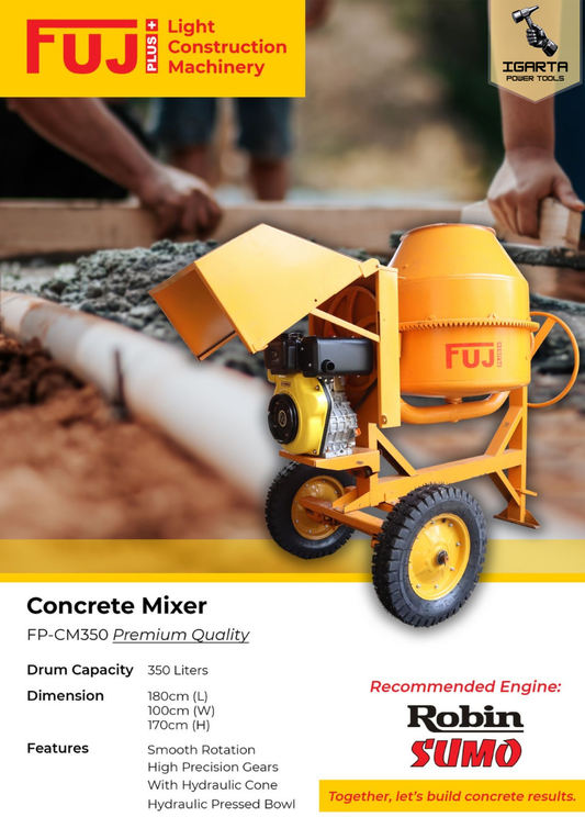 FUJ Plus FP-CM350 Concrete Mixer – 350L Drum, Hydraulic Cone