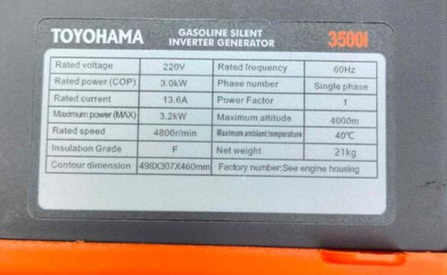 Toyohama Gasoline Silent Inverter Generator 3500i