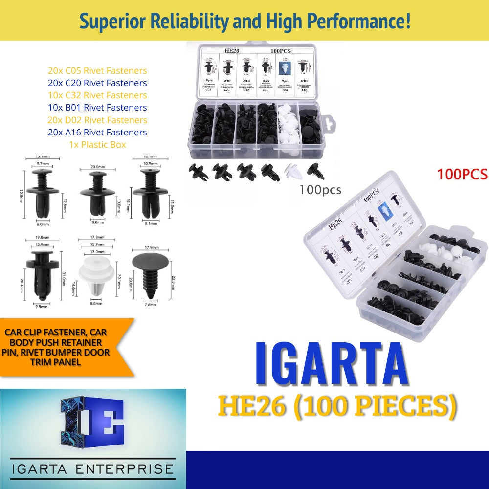 100 Pieces Igarta HE26 Car Clip Fastener, Car Body Push Retainer Pin, Rivet Bumper Door Trim Panel